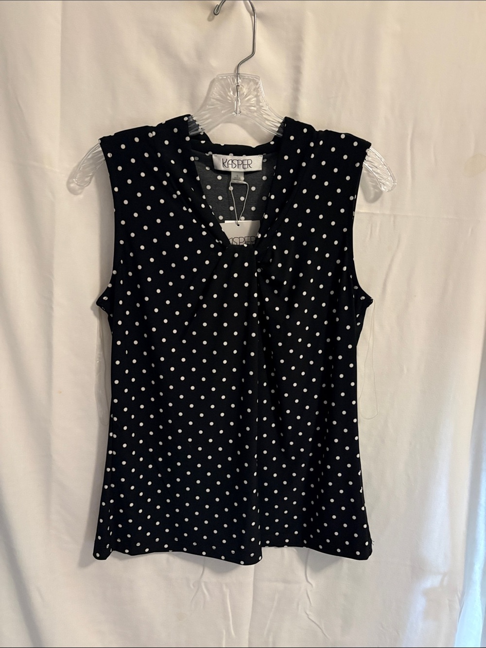 Kasper Black and White Polka Dot Sleeveless Knotted V-Neck Top